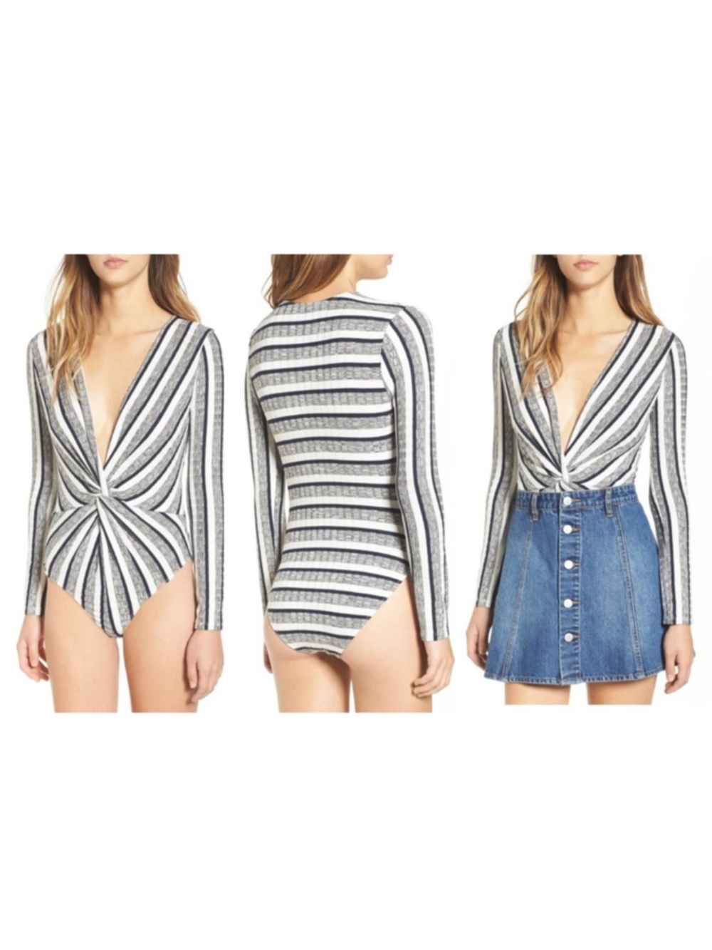 NWT ASTR grey navy stripe long sleeve plunge v neck twist bodysuit Size S
